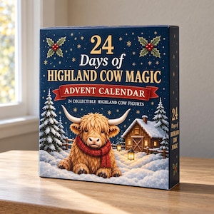 Peut inclure: Une boîte de calendrier de l'Avent rectangulaire bleu foncé intitulée 24 Days of Highland Cow Magic. Le devant présente une vache Highland brune et duveteuse portant une écharpe rouge dans un paysage enneigé avec un chalet en bois et du houx.