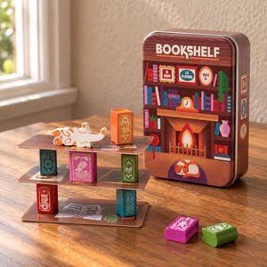 Puede incluir: Un juego de mesa Bookshelf que incluye una lata rectangular de metal con una ilustración de chimenea, tres niveles de cartón apilados sostenidos por pequeños pilares de plástico de colores y una pieza de juego de madera con forma de gato.