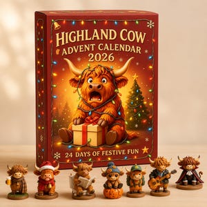 Peut inclure: Une boîte rectangulaire rouge de calendrier de l'Avent Highland Cow 2026 avec une vache surprise emmêlée dans des guirlandes lumineuses et un cadeau. Sept petites figurines de vaches Highland sont devant, avec chapeau, livre, citrouille et guitare.