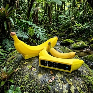 May include: Two bright yellow banana-shaped objects, one of which features a black rectangular remote control interface with various buttons and icons embedded into its side, resting alongside a single natural yellow banana.
