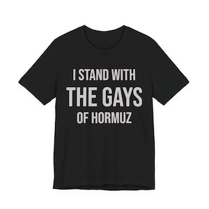 May include: Black t-shirt with the white text "I STAND WITH THE GAYS OF HORMUZ". The shirt has short sleeves and a crew neck. The text is centered on the front of the shirt.