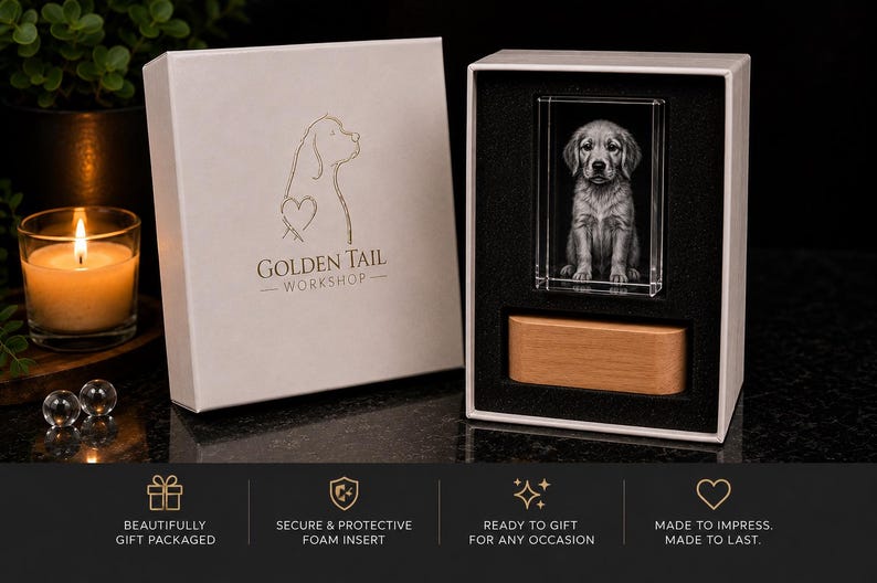 May include: A white gift box featuring the Golden Tail Workshop logo with a dog silhouette and heart. Inside, a rectangular glass block displays a 3D laser-etched puppy portrait, accompanied by a light-toned wooden base set in black foam.