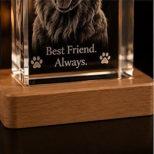 May include: A clear rectangular glass block featuring a laser-etched portrait of a dog. The glass is engraved with the text "Best Friend. Always." and two paw print icons. The glass block is mounted on a rectangular light-colored wooden base.