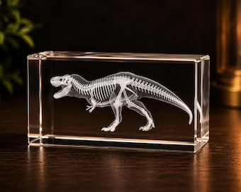 3D T-Rex Skeleton Crystal, Dinosaur Gift, Tyrannosaurus Rex Fossil Display, Dinosaur Desk Decor