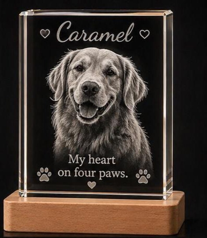 May include: A rectangular clear glass block featuring a laser-etched portrait of a dog. The text reads Caramel, My heart on four paws, with heart and paw print icons. The glass block is mounted on a rectangular light-colored wooden base.
