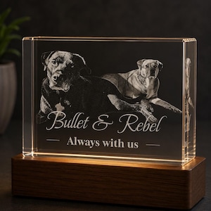 May include: A rectangular clear glass block featuring a laser-etched image of two dogs lying down. The text "Bullet & Rebel" and "Always with us" is engraved below the dogs. The glass block rests on a rectangular dark brown wooden base.