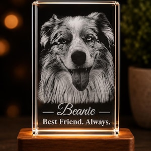 May include: A rectangular clear glass block featuring a laser-etched portrait of a dog with its tongue out. Below the dog, the text reads Beanie and Best Friend. Always. The glass block sits on a rectangular wooden base with internal lighting.