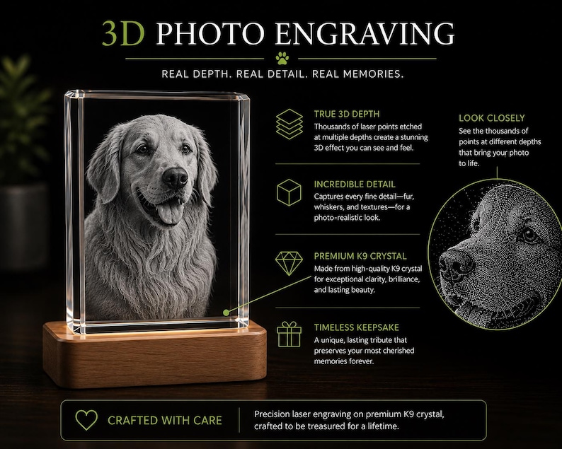May include: A rectangular K9 crystal block featuring a 3D laser-engraved portrait of a dog, mounted on a rectangular wooden base. The image includes text: 3D PHOTO ENGRAVING, REAL DEPTH. REAL DETAIL. REAL MEMORIES, TRUE 3D DEPTH, INCREDIBLE DETAIL, PREMIUM K9 CRYSTAL, TIMELESS KEEPSAKE, and CRAFTED WITH CARE.