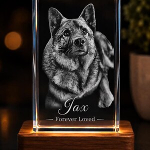May include: A rectangular clear glass block featuring a laser-etched portrait of a dog. The text "Jax" and "Forever Loved" is engraved below the dog. The glass block rests on a rectangular wooden base that emits a warm light from underneath.