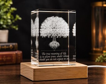 Tree of Life 3D Crystal Keepsake | Engraved Quote, LED Wooden Base Desk Decor