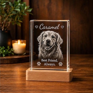 May include: A rectangular clear glass block featuring a laser-etched portrait of a dog. The text reads Caramel, Best Friend. Always. with heart and paw print icons. The glass block is mounted on a light-colored rectangular wooden base.
