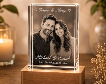 Personalized Crystal Photo | Anniversary, Wedding & Engagement Gift | Engraved Glass Keepsake with LED wood Base