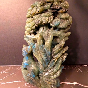Statement Labradorite Nine-Tailed Fox Under Sacred Tree Carving – 1 lb 9.5 oz (7.25" x 4.25" x 1.25")
