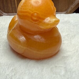 May include: A smooth, polished orange stone carving shaped like a duck. The figurine features a rounded head, a defined beak, and a curved body with visible natural banding and translucent layers throughout the orange mineral material.
