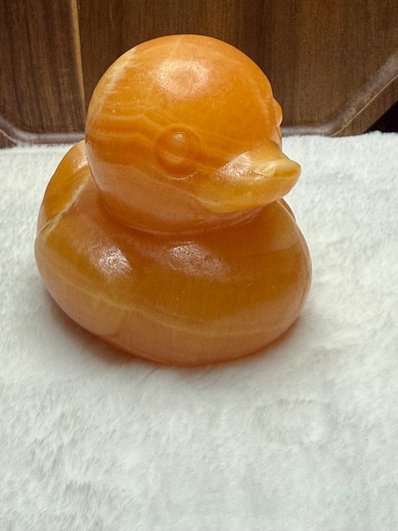 May include: A smooth, polished orange stone carving shaped like a duck. The figurine features a rounded head, a defined beak, and a curved body with visible natural banding and translucent layers throughout the orange mineral material.