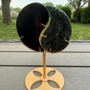 Ruby Zoisite & Obsidian Yin Yang Carving with Stand – Balance and Protection Crystal Display 7.6oz