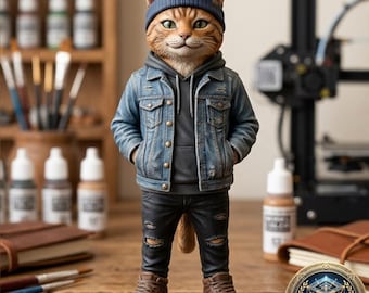 Streetwear Cat Figurine Hands Pockets 3D Print Model Instant Download Modern Desk Decor