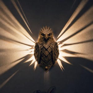 May include: A detailed, bronze-colored owl wall sconce with a textured surface. The sconce is centered on a dark wall, casting dramatic light and shadow patterns. The image includes a 3D Model Hub logo.