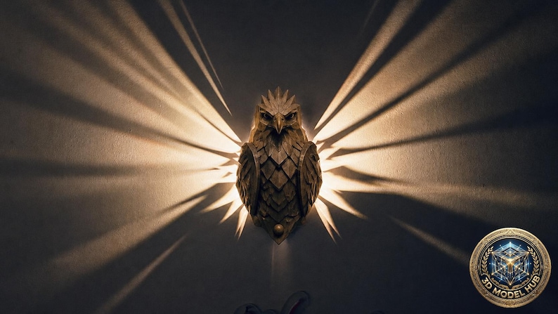 May include: A detailed, bronze-colored owl wall sconce with a textured surface. The sconce is centered on a dark wall, casting dramatic light and shadow patterns. The image includes a 3D Model Hub logo.