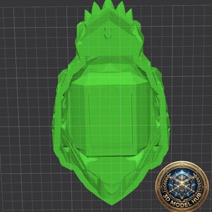 May include: A bright green 3D model of a stylized object, possibly a decorative element or a component. The model has a geometric design with sharp angles and a textured surface. The background is a grid pattern, and a logo for "3D Model Hub" is in the lower right corner.