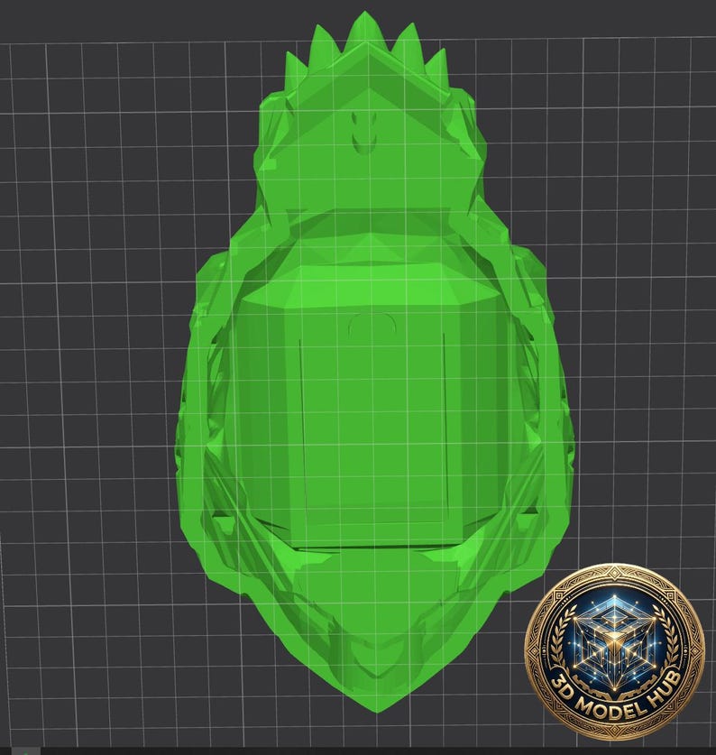 May include: A bright green 3D model of a stylized object, possibly a decorative element or a component. The model has a geometric design with sharp angles and a textured surface. The background is a grid pattern, and a logo for "3D Model Hub" is in the lower right corner.