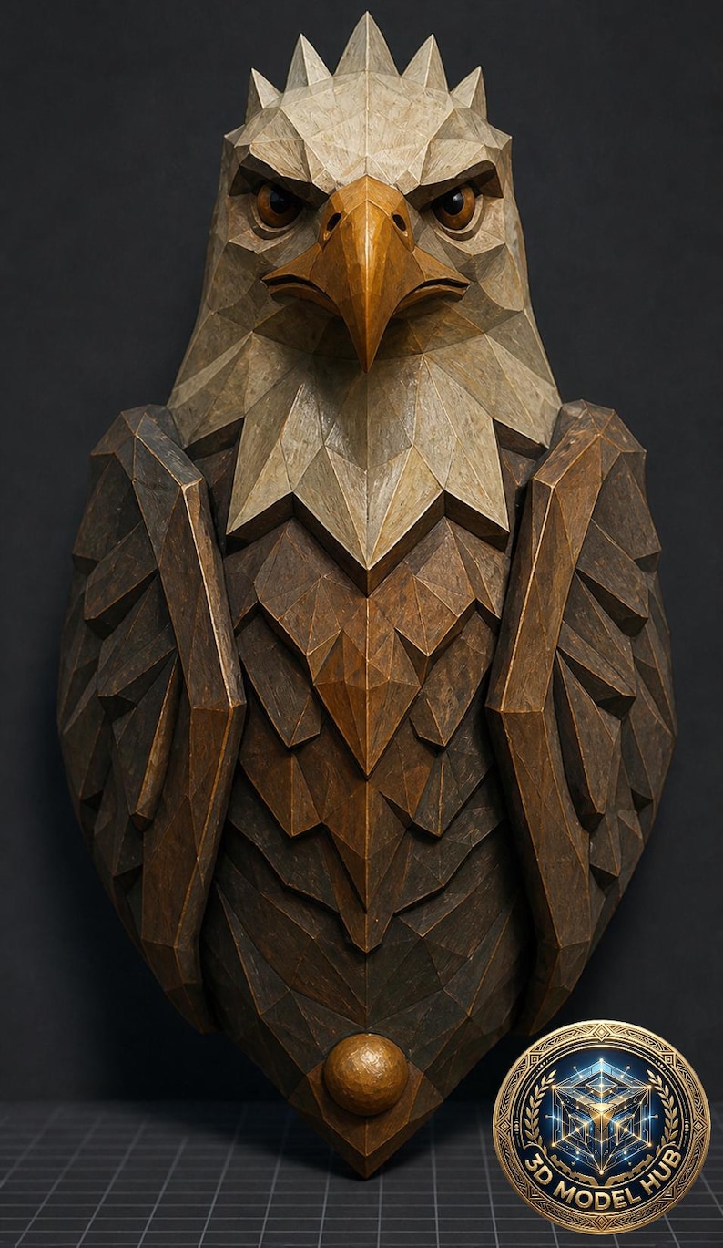 May include: A detailed wooden eagle sculpture with a geometric design. The eagle has a light brown head and chest, a dark brown body, and a golden beak. The sculpture is mounted on a dark background and features a 3D Model Hub logo.