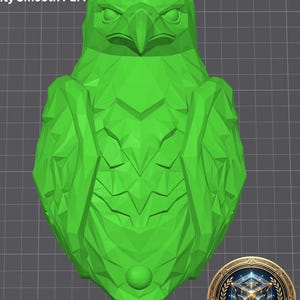May include: A bright green, 3D-printed eagle sculpture. The eagle has a detailed, geometric design with sharp angles and a textured surface. The sculpture is a solid, symmetrical shape, with a prominent beak and detailed feathers. The base has a small sphere.
