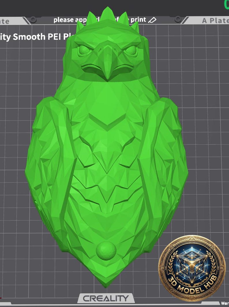 May include: A bright green, 3D-printed eagle sculpture. The eagle has a detailed, geometric design with sharp angles and a textured surface. The sculpture is a solid, symmetrical shape, with a prominent beak and detailed feathers. The base has a small sphere.