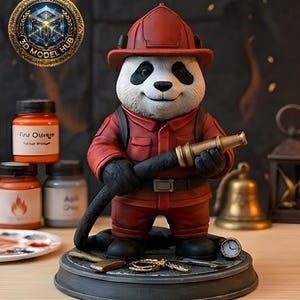 Peut inclure: Figurine d'un panda pompier en uniforme rouge, coiffé d'un casque, tenant un tuyau avec une buse en laiton. Le panda est posé sur une base grise foncée avec des outils et une montre. En arrière-plan, des pots de peinture et une cloche.