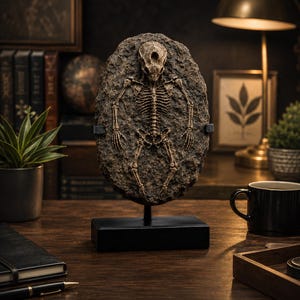 May include: A fossilized skeleton of a creature, displayed on a black stand. The fossil is brown and embedded in a textured, oval-shaped rock. The display is on a wooden desk, with a black coffee mug and a notebook visible.