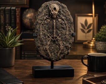 May include: A fossilized skeleton of a creature, displayed on a black stand. The fossil is brown and embedded in a textured, oval-shaped rock. The display is on a wooden desk, with a black coffee mug and a notebook visible.