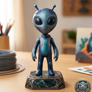 May include: A blue and teal alien figurine with large black eyes and small antennae. The alien is standing on a decorative base with a green marble-like pattern. The figurine is on a wooden surface.