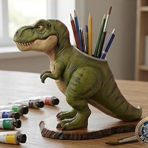 May include: A green Tyrannosaurus Rex pen holder with a detailed, textured design. The dinosaur-shaped holder is on a wooden base and filled with pens and pencils. Paint tubes are scattered in front of the holder.
