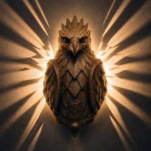 May include: A detailed, brown eagle wall sculpture with a textured, layered design. The eagle is illuminated by a warm light, casting wing-shaped shadows on the dark wall. The sculpture has a regal appearance.