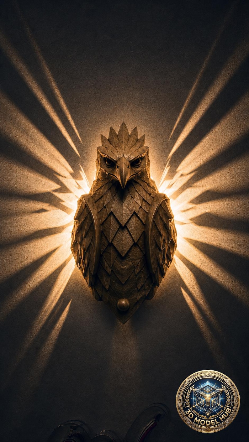May include: A detailed, brown eagle wall sculpture with a textured, layered design. The eagle is illuminated by a warm light, casting wing-shaped shadows on the dark wall. The sculpture has a regal appearance.