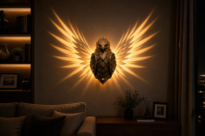 May include: A bronze-colored eagle wall sconce with illuminated wings, casting a warm glow on the wall. The detailed sculpture is mounted above a sofa in a living room setting. The lighting creates a dramatic effect.
