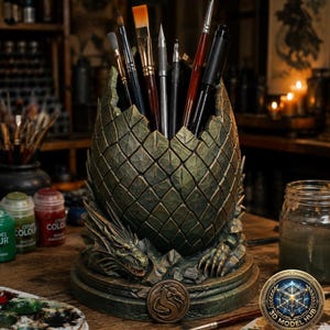 May include: A detailed, green dragon egg-shaped pen holder with a textured surface, holding various art brushes and pens. The base features a dragon design and a bronze-colored emblem. The holder is on a wooden surface, with paint supplies visible in the background.
