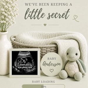 Könnte beinhalten: Ein Schwangerschaftsankündigungsschild mit dem Text WE'VE BEEN KEEPING A little secret, einem Rahmen für ein Ultraschallbild mit dem Text Insert your scan photo here, einem runden Schild mit BABY Anderson und einem Ladebalken BABY LOADING 50% DUE JUNE 2026.
