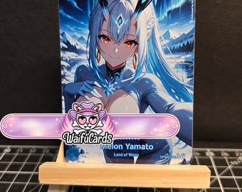 May include: A rectangular trading card featuring an anime-style character with long light blue hair, orange eyes, and horns, set against a snowy mountain landscape. The card displays the number 10, 10000, and the text Melon Yamato Land of Wano.