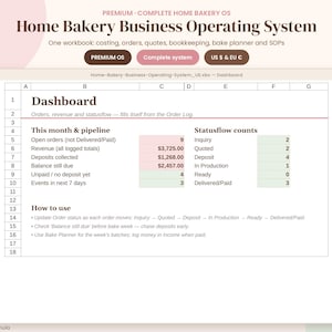 Home Bakery Business OS Spreadsheet, Order Tracker Quote Invoice Recipe Cost Bookkeeping, Excel Google Sheets