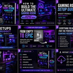 May include: A guide titled "Set Up Your Dream Game Room on a Budget" with a dark background and neon blue and purple accents. The guide promises realistic budgets and epic results. It also shows gaming room setups and tips.