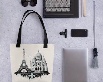 Bolso de mano de París, regalo con coordenadas de Francia, bolso de lona vintage color sepia, recuerdo de viaje histórico.