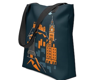 Bolso de mano de Edimburgo, bolso de lona con el horizonte de Escocia, estampado artístico minimalista de paisaje urbano, regalo de viaje en color verde azulado oscuro y naranja.