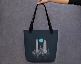Bolso de mano con coordenadas de Nueva York, bolso de lona de la ciudad de Nueva York, estampado de arte industrial minimalista, regalo de viaje con tinta de petróleo