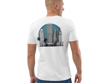 Camiseta con el horizonte de Miami, camiseta retro con paisaje urbano de Florida, camiseta gráfica estilo vaporwave de los 80, regalo de algodón orgánico para él.