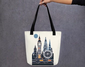 Bolso de mano con el horizonte de Londres, estampado minimalista de arquitectura británica, recuerdo de viaje británico, bolso de lona de Londres.