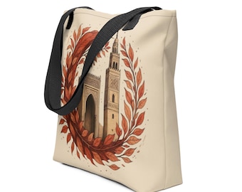 Bolso tote Marrakech, regalo de viaje a Marruecos, estampado artístico bohemio marroquí, bolso de lona color terracota del desierto.