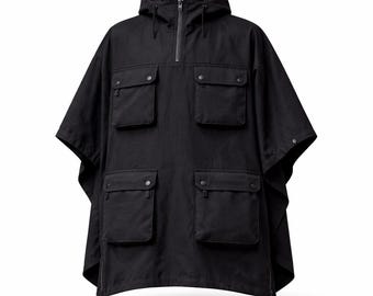Black Techwear Poncho Jacket, Oversized Utility Cape, Cyberpunk Streetwear Hoodie