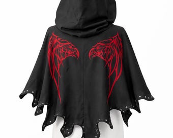 Black Hooded Wing Cloak, Gothic Red Wings Cape, Halloween Cosplay Poncho