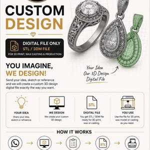 Puede incluir: Un folleto digital para servicios de diseño de joyería 3D personalizado con un anillo de plata y un colgante en forma de pera. El texto incluye UZAIR 3D JEWELRY DESIGN, CUSTOM DESIGN, DIGITAL FILE ONLY, STL / 3DM FILE y HOW IT WORKS.